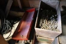 LOT UNDER BENCH INCLUDING CHAINS TOOLS BOXES WOODEN CUTTY SHARK BOX WITH PO