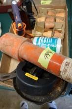 BOX LOT WITH CAST IRON PANS CHAPIN DUSTER SMALL POTS ETC