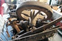 FREEZER BASKET WITH PRIMITIVE HOG SCRAPES WOODEN SPOKE WHEEL HAND GRINDER E