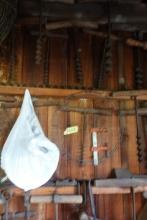 WALL LOT INCLUDING PRIMITIVE TOOLS INCLUDING HAND AUGERS HORN CUTTERS WOODE
