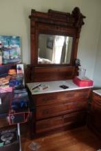 ANTIUE EASTLAKE STYLE BUREAU WITH MIRROR HAND CARVED TOP MARBLE TOP 3 DRAWE