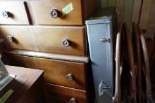 WALL LOT INCLUDING MAPLE CHEST ON CHEST TIN STORAGE BOX AND 4 FOLDING CHAIR