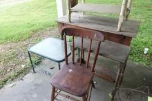 LOT OF FURNITURE INCLUDING PLANK BOTTOM SIDE CHAIR PRIMITIVE WASH STAND END