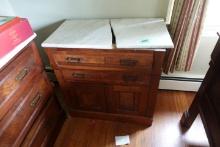 ANTIQUE MARBLE TOP WASH STAND TOP IS CRACKED BACK SPLASH MISSING APPROX 29