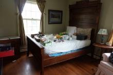 ANTIQUE FULL SIZE BED EASTLAKE STYLE WITH BURL WOOD HAND CARVED TOP HEADBOA