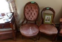 TWO VICTORIAN PARLOR CHAIRS AND SMALL PICTURE