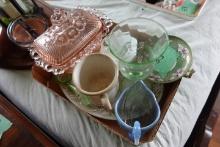 BOX LOT GLASS COLLECTIBLES SWAN DISH HAND PAINTED NIPPON PINK COVERED CANDY