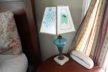 ANTIQUE COVERTED OIL LAMP BRASS AND MARBLE BASE