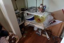 CONTENTS OF CLOSET INCLUDING LED LANTERNS VINTAGE CLOTHES CHRISTMAS DISHES
