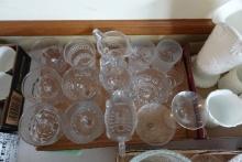 COLLECTION ANTIQUE CLEAR GLASS PITCHERS SERVING BOWLS STEMWARE AND GOBLETS