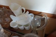 LOT OF MILK GLASS INCLUDING GLASSES PITCHERS HEN ON NEST ETC
