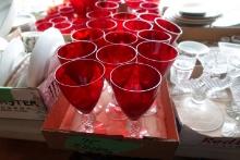 3 BOXES APPROX 50 PC RUBY RED STEMWARE INCLUDING CHAMPAGNES WINES CORDIAL A