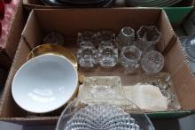BOX OF MISC MASTER SALTS AND TOOTHPICK HOLDERS AND ASHTRAYS