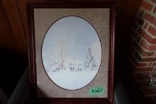FRAMED UNDER GLASS SNOW SCENE 27 X 23 SIGNED BY PEACH