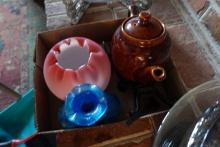 BOX LOT BLUE ART GLASS FENTON BOWL TEAPOT BOOT JACK