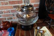 LOT OF SILVERPLATE AND GLASS BOWLS WITH TEAK STANDS
