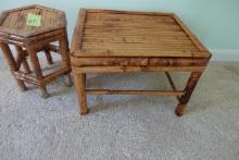 BURNT RATTAN STOOL AND PLANT STAND
