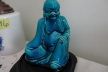 BLUE BUDDHA ON STAND APPROX 7"