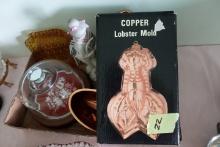 BOX LOT WITH COPPER CAKE BOWLS COVERED CHEESE DAISY BUTTON TRAY