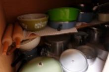 KITCHEN CABINET POTS PANS MIXING BOWLS ROLLING PINS