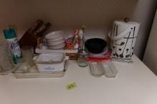 COUNTER TOP LOT CORNINGWARE KNIFE BLOCK ICE BUCKET BOWLS BUFFET DISH AND MO