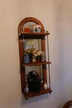 WALL HUNG 3 TIER SHELF AND CONTENTS INCLUDING CANDLES CARVED ELEPHANT AND M