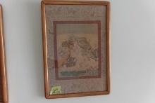 CHINESE LITHO OF WAR ELEPHANTS AND BATTLE SCENE FRAMED UNDERGLASS 19 X 13