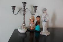 SILVER PLATE CANDELABRA ORIENTAL DOLLS AND FIGURINE