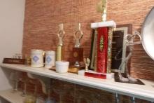 SHELF LOT TROPHYS FLAGS PITCHER PEWTER CHARGER