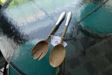SET OF WOOD AND STERLING HANDLE SALAD TONGS