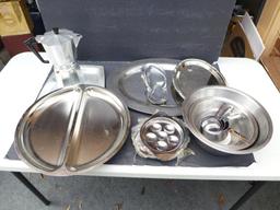 Assorted Chrome Serving Pieces, Coffee Pot, etc.