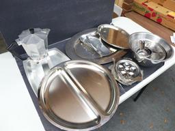 Assorted Chrome Serving Pieces, Coffee Pot, etc.