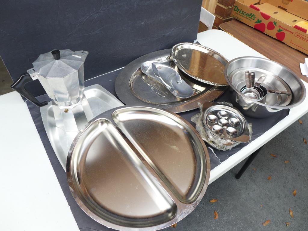 Assorted Chrome Serving Pieces, Coffee Pot, etc.