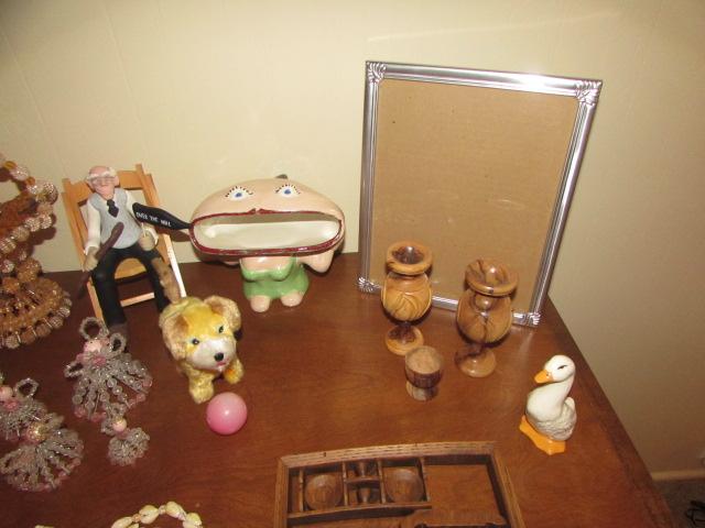 Assorted Figurines, (2) Olive Wood Vases, 8x10