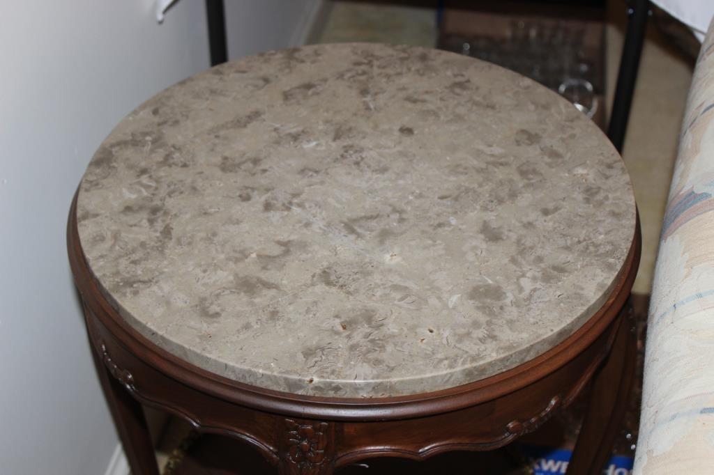 Round Marble Top Two Tier End Table with Cabriole