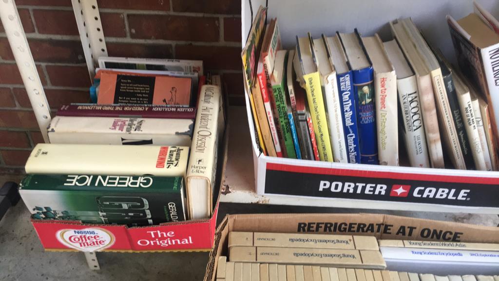 Shelf of Assorted Books, Magazines, Board Games,