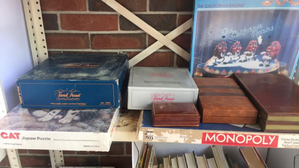 Shelf of Assorted Books, Magazines, Board Games,
