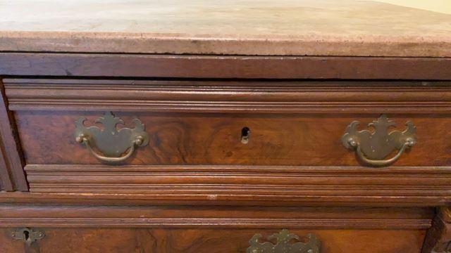 **Updated Information** Eastlake Marble Top Chest of Drawers, Brass