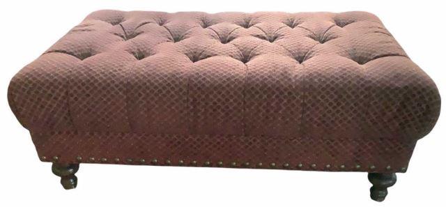 Upholstered Tufted Ottoman with Brass Tacks