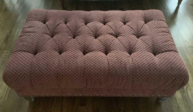 Upholstered Tufted Ottoman with Brass Tacks