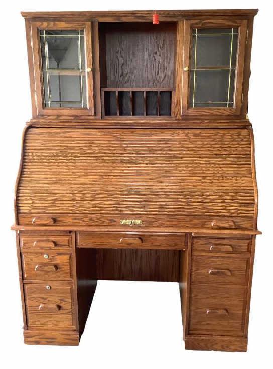 Oak Roll Top Desk With Hutch & Flip Down