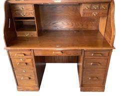 Oak Roll Top Desk With Hutch & Flip Down