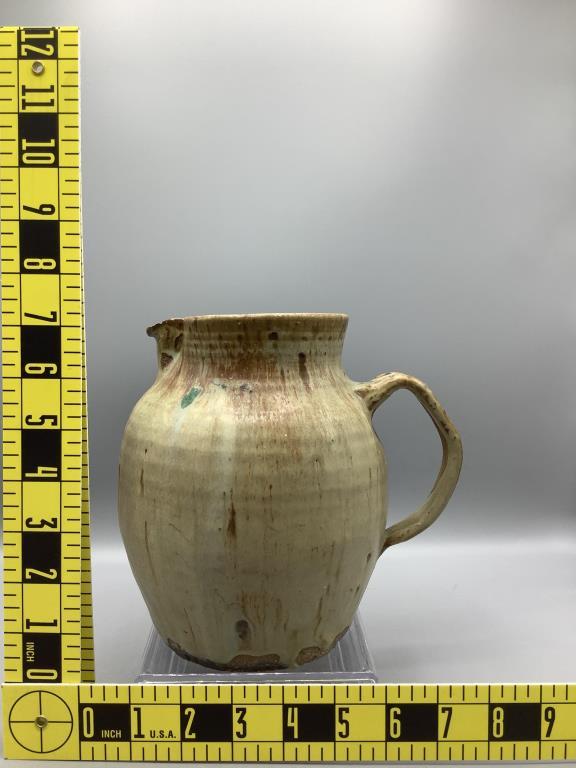 Signed Pottery Pitcher 7.25” Tall