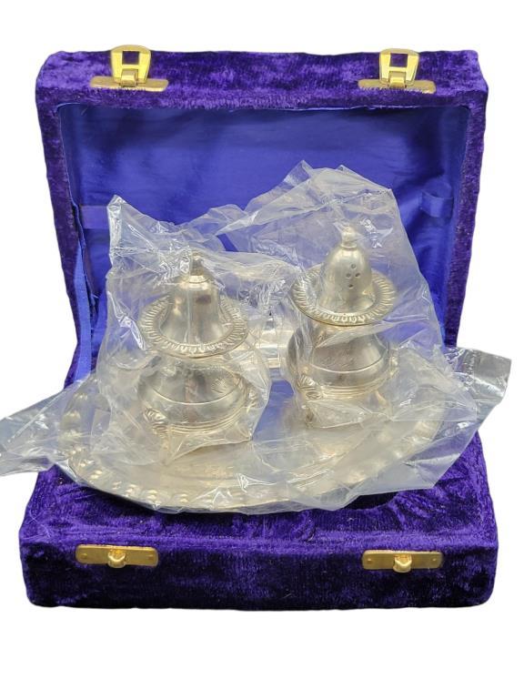 Silverplate Salt and Pepper w/Tray and Velvet Box