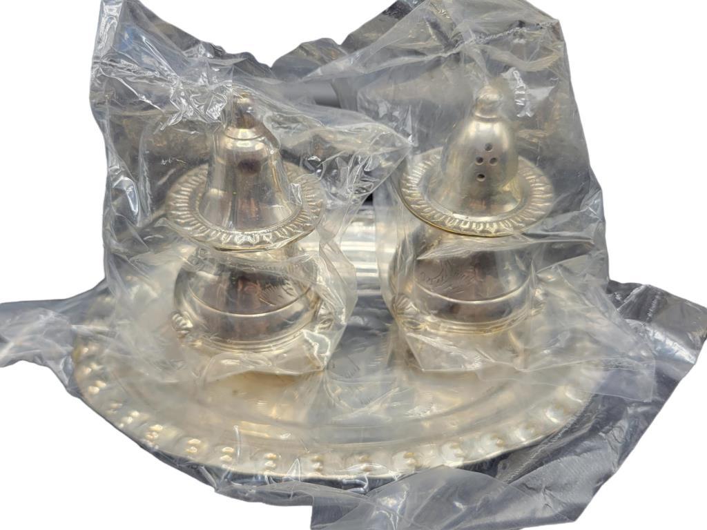 Silverplate Salt and Pepper w/Tray and Velvet Box