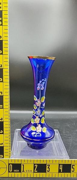 (2) Handpainted Glass Items: Cookie Jar, Vase