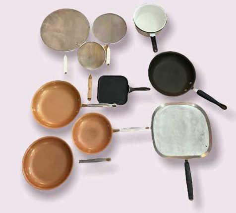 Assorted Copper Frying Pans, Griddle, Enamel, Etc