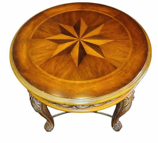 Round Ornately Carved End Table - 37" D, 24" H