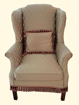 Upholstered Wing Back Chair w/Fringe Trim and