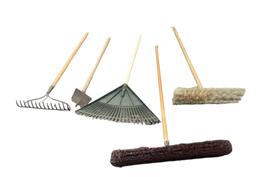Assorted Long Handle Tools: Rake, Hoe, Iron Rake